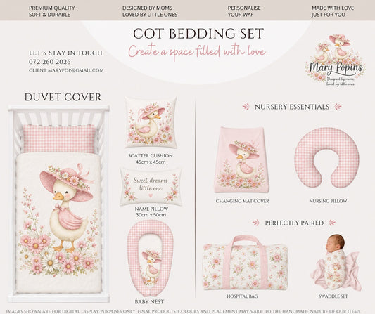 A digital product showcase for the Mary Pop'ins Cot Bedding Set, featuring a duvet cover, scatter cushion, name pillow, changing mat cover, nursing pillow, baby nest, hospital bag, and swaddle set in a soft pink and white gingham floral design. Featuring Silly Goose , duck, goose