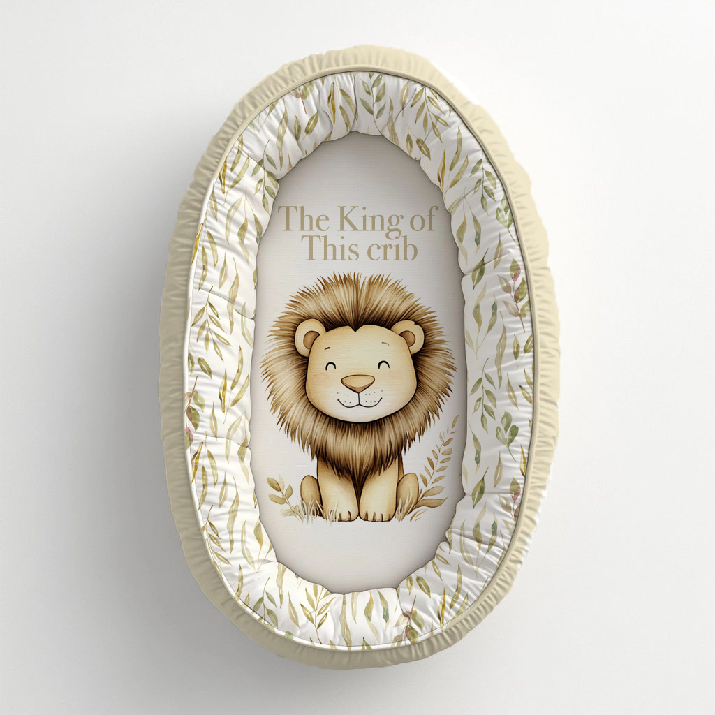 Oat So Neutral Safari baby nest featuring a sweet lion with the phrase “The King of This Crib,” surrounded by soft olive leafy details in warm oat, cream and neutral tones | Oat So Neutral Safari babanes met ’n oulike leeu en die frase “The King of This Crib,” omring deur sagte olyfgroen blaardetail in warm hawer-, room- en neutrale kleure.