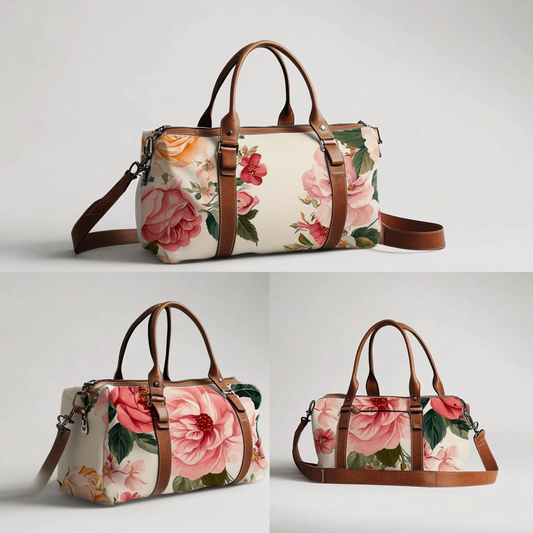 Peony Dreams hospital bag featuring large blush pink and coral peonies with deep green leaves on a soft cream background, finished with brown handles and a matching shoulder strap | Peony Dreams hospitaaltas met groot ligpienk en koraalkleurige pioene, diepgroen blare en ’n sagte room agtergrond, afgewerk met bruin handvatsels en ’n bypassende skouerband.