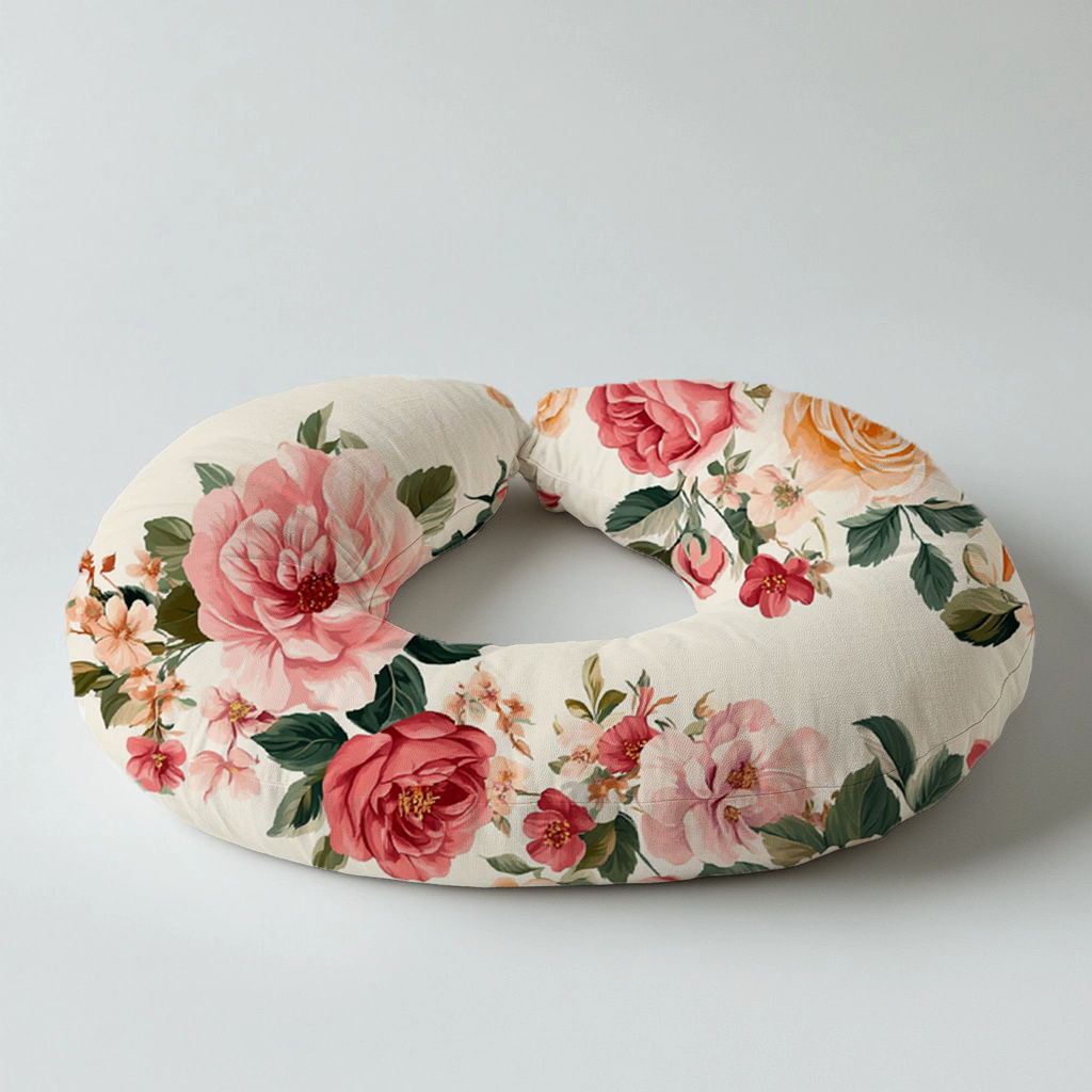 Peony Dreams nursing pillow featuring large blush pink, coral and peach peonies with deep green leaves on a soft cream background in a supportive U-shaped design | Peony Dreams voedingskussing met groot ligpienk, koraal- en perskekleurige pioene met diepgroen blare op ’n sagte room agtergrond in ’n ondersteunende U-vorm ontwerp.