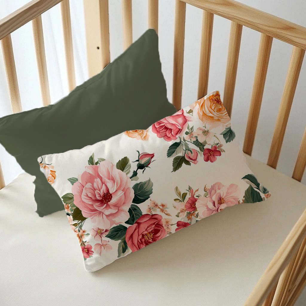 Peony Dreams nursery pillow featuring large blush pink, coral and peach peonies with deep green leaves on a soft cream background, paired with a coordinating olive green cushion | Peony Dreams kinderkamer-kussing met groot ligpienk, koraal- en perskekleurige pioene met diepgroen blare op ’n sagte room agtergrond, saam met ’n bypassende olyfgroen kussing.