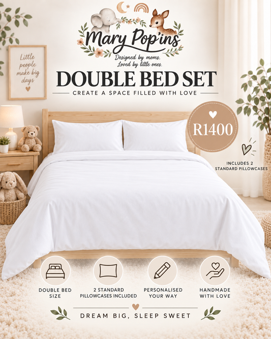 A double bed set with white bedding, including two white standard pillowcases, styled in a warm, cozy bedroom setting. The image features promotional text overlays for 'Mary Popins', a price tag of 'R1400', and feature icons at the bottom.