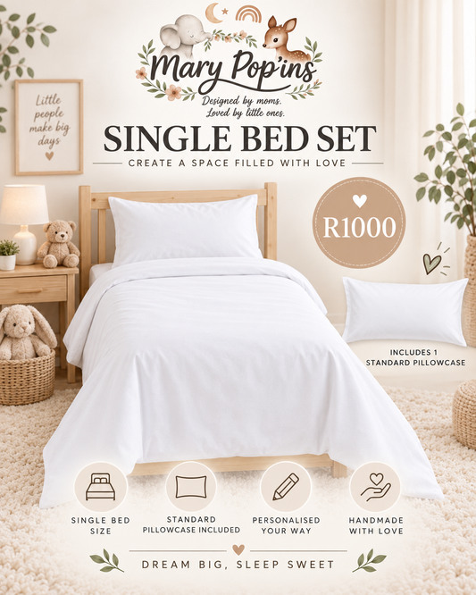 A single bed set from Mary Popins shown in a styled bedroom scene. The set includes a light wood single bed frame, white bedding, and a white pillowcase.