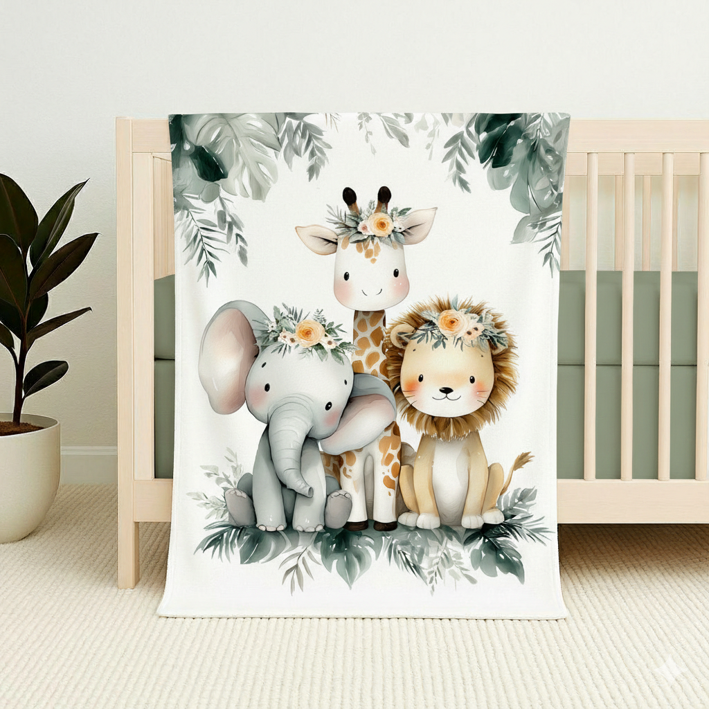 Safari Peachy Dreams fleece blanket featuring a sweet giraffe, elephant and lion with soft peach florals and leafy greenery in a neutral nursery design | Safari Peachy Dreams fleece-kombers met ’n oulike kameelperd, olifant en leeu met sagte perskekleurige blomme en groen blare in ’n neutrale kinderkamer-ontwerp.
