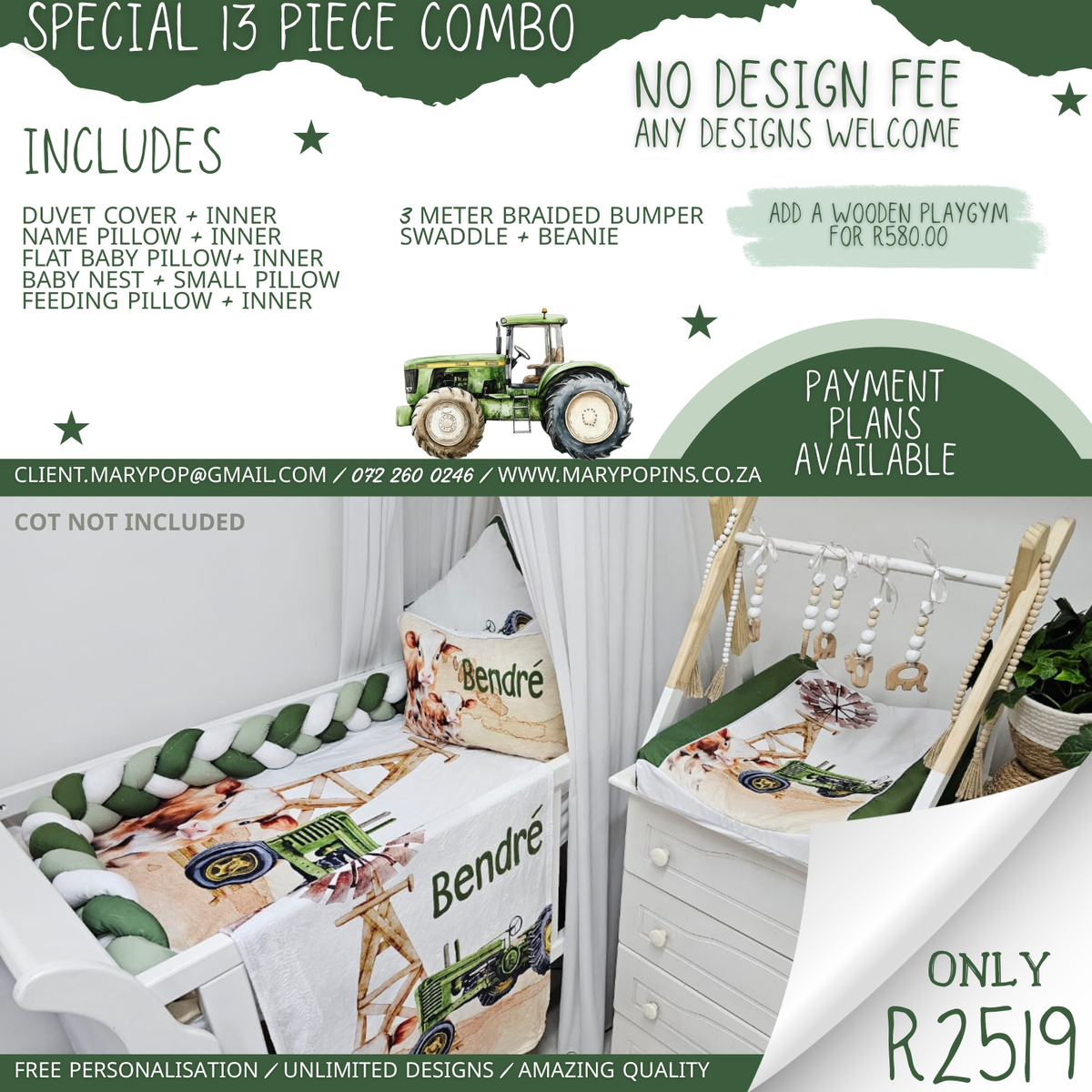 Special 13-piece personalised cot bedding combo featuring a green tractor and farm-inspired design, including matching cot linen, cushions, bumper and coordinating baby accessories | Spesiale 13-stuk gepersonaliseerde bababeddegoedstel met ’n groen trekker- en plaasgeïnspireerde ontwerp, insluitend bypassende bababed-linne, kussings, buffer en gekoördineerde baba-bykomstighede.