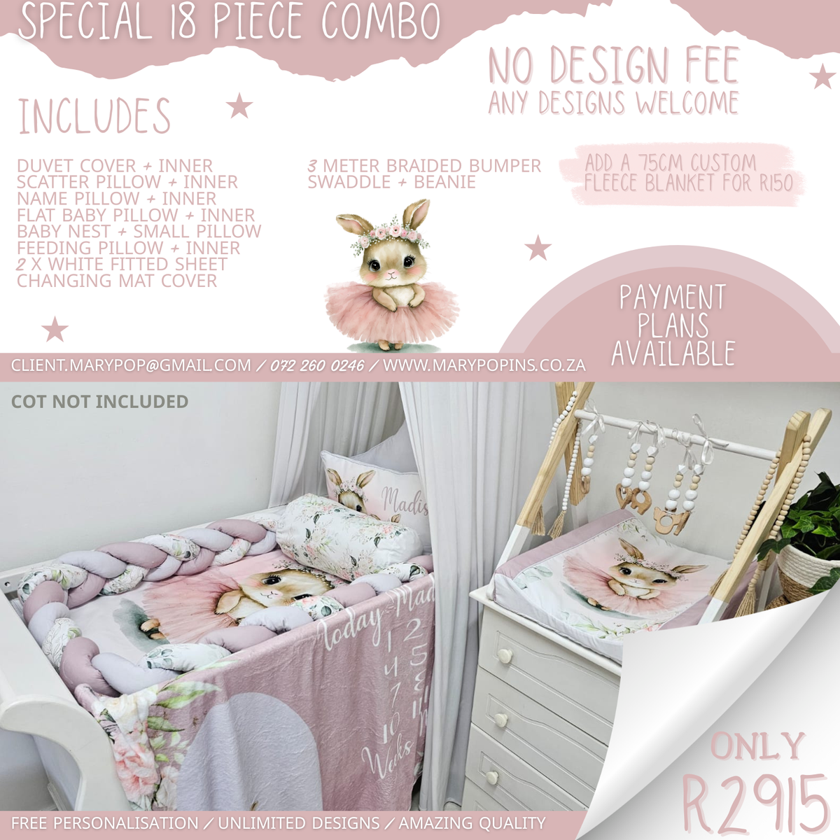 Special 18-piece personalised cot bedding combo featuring a soft pink bunny and floral design, including matching cot linen, cushions, braided bumper and coordinating baby accessories | Spesiale 18-stuk gepersonaliseerde bababeddegoedstel met ’n sagte pienk hasie- en blomontwerp, insluitend bypassende bababed-linne, kussings, gevlegte buffer en gekoördineerde baba-bykomstighede.