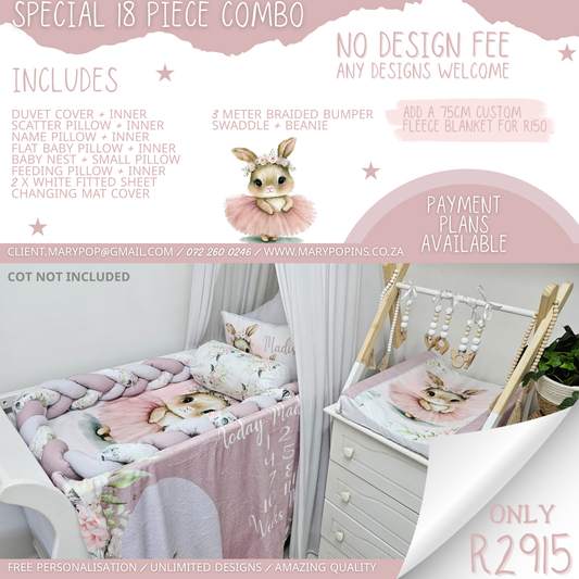Special 18-piece personalised cot bedding combo featuring a soft pink bunny and floral design, including matching cot linen, cushions, braided bumper and coordinating baby accessories | Spesiale 18-stuk gepersonaliseerde bababeddegoedstel met ’n sagte pienk hasie- en blomontwerp, insluitend bypassende bababed-linne, kussings, gevlegte buffer en gekoördineerde baba-bykomstighede.