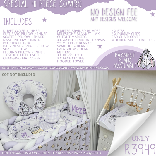 Special 41-piece personalised cot bedding combo featuring a soft lilac donkey theme with matching cot linen, baby nest, nursing pillow, cushions, blankets, changing accessories and coordinating baby essentials | Spesiale 41-stuk gepersonaliseerde bababeddegoedstel met ’n sagte lila donkie-tema, insluitend bypassende bababed-linne, babanes, voedingskussing, kussings, komberse, aantrekbykomstighede en gekoördineerde baba-benodigdhede.