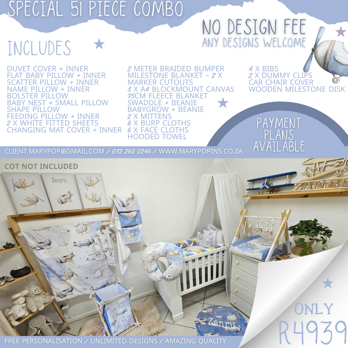 Special 51-piece personalised cot bedding combo featuring a soft blue vintage aeroplane theme with matching cot linen, baby nest, nursing pillow, blankets, changing accessories and coordinating baby essentials | Spesiale 51-stuk gepersonaliseerde bababeddegoedstel met ’n sagte blou vintage-vliegtuigtema, insluitend bypassende bababed-linne, babanes, voedingskussing, komberse, aantrekbykomstighede en gekoördineerde baba-benodigdhede.