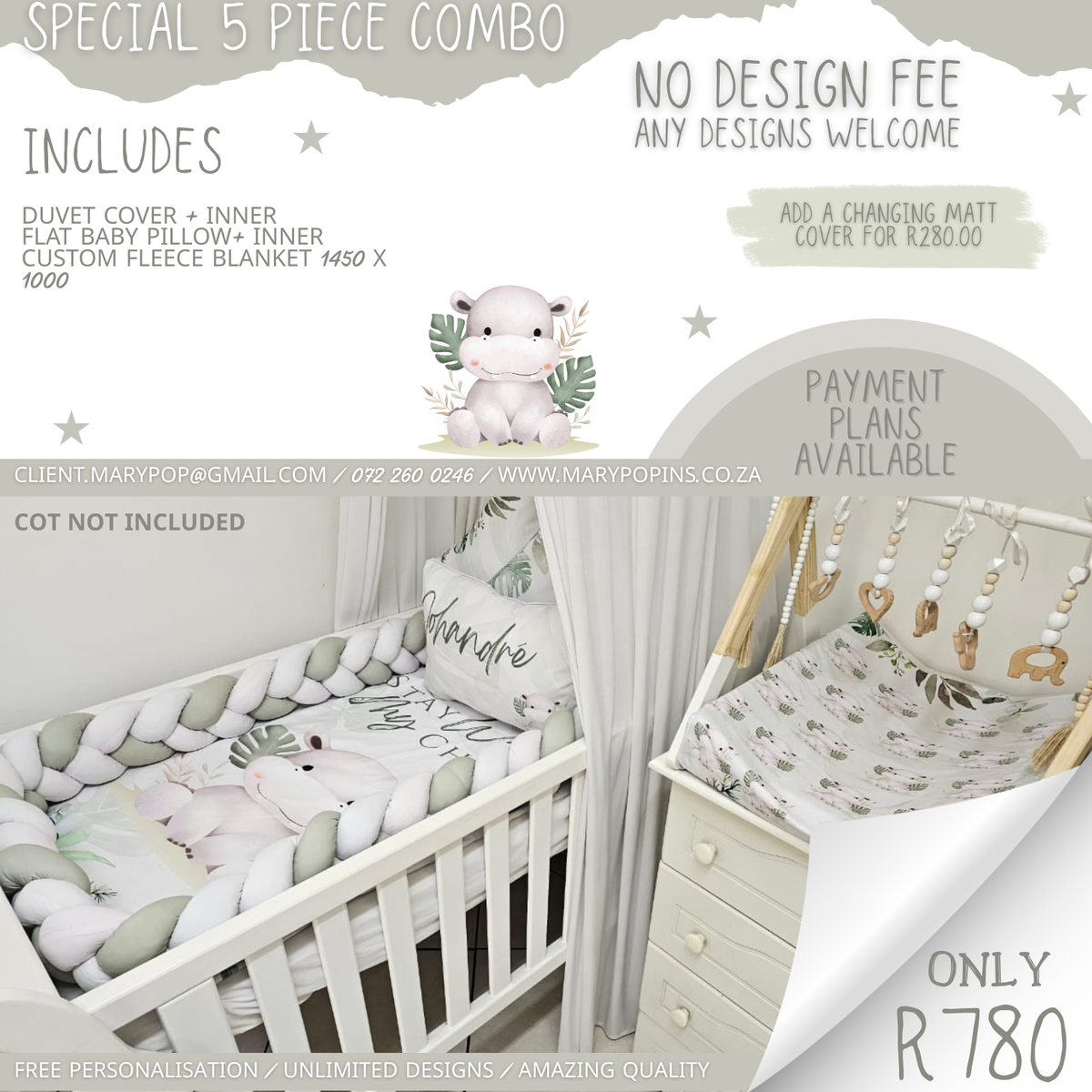 Special 5-piece personalised cot bedding combo featuring a soft neutral cow and botanical design with matching cot linen, braided bumper and coordinating changing mat | Spesiale 5-stuk gepersonaliseerde bababeddegoedstel met ’n sagte neutrale koei- en botaniese ontwerp, bypassende bababed-linne, gevlegte buffer en gekoördineerde aantrekmat.