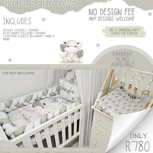 Special 5-piece personalised cot bedding combo featuring a soft neutral cow and botanical design with matching cot linen, braided bumper and coordinating changing mat | Spesiale 5-stuk gepersonaliseerde bababeddegoedstel met ’n sagte neutrale koei- en botaniese ontwerp, bypassende bababed-linne, gevlegte buffer en gekoördineerde aantrekmat.