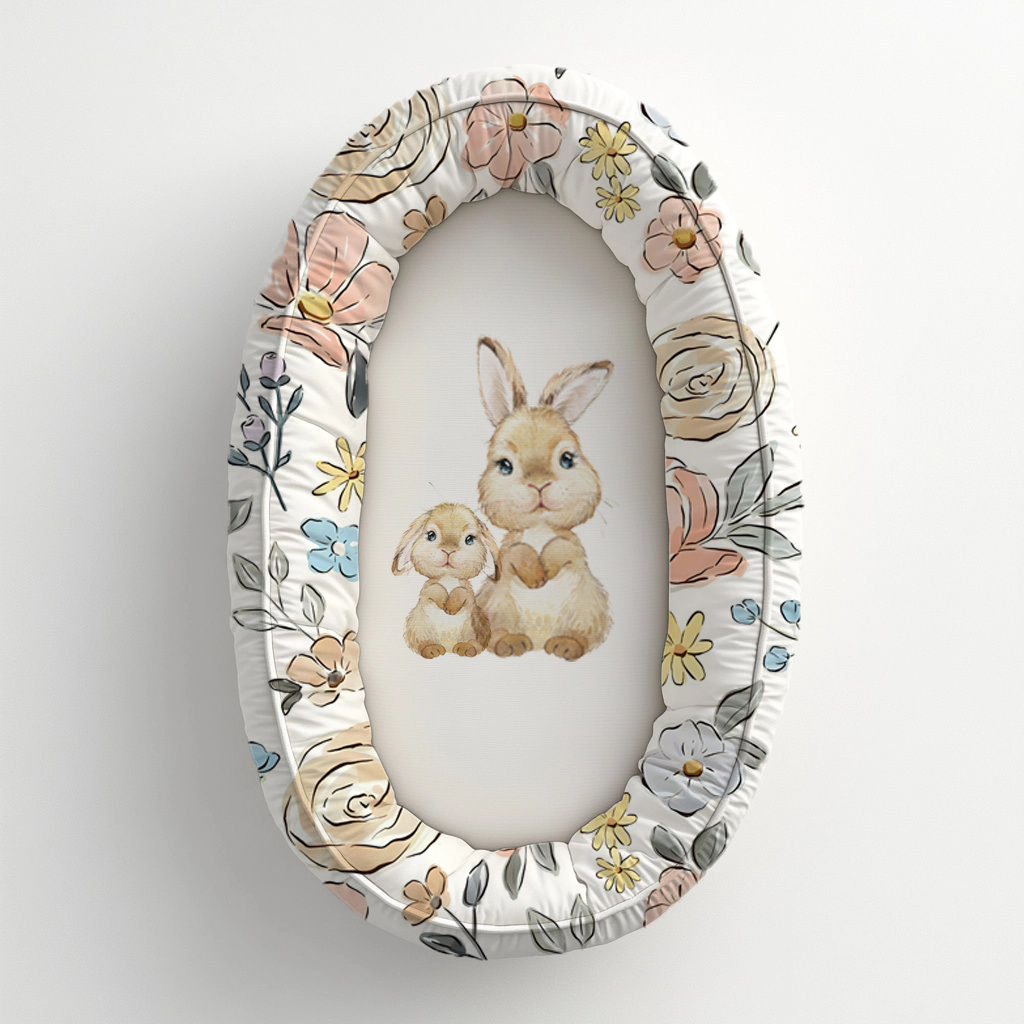 Subtle Blooms baby nest featuring sweet parent and baby bunnies surrounded by soft blush, cream, yellow and blue floral details with delicate grey-green leaves | Subtiele Blomme babanes met oulike ouer- en babahasies omring deur sagte ligpienk, room, geel en blou blomdetail met delikate grysgroen blare.