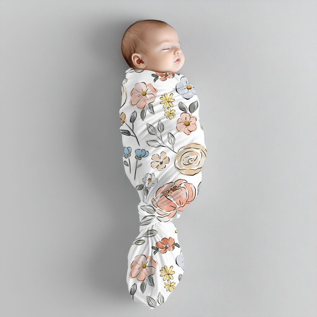 Subtle Blooms baby swaddle set featuring delicate blush, peach, cream, yellow and soft blue flowers with fine grey-green leaves on a clean white background | Subtiele Blomme baba-inbakerstel met delikate ligpienk, perske-, room-, geel en sagte blou blomme met fyn grysgroen blare op ’n skoon wit agtergrond.