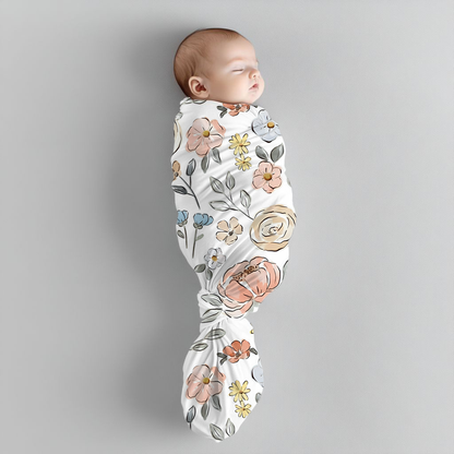 Subtle Blooms baby swaddle set featuring delicate blush, peach, cream, yellow and soft blue flowers with fine grey-green leaves on a clean white background | Subtiele Blomme baba-inbakerstel met delikate ligpienk, perske-, room-, geel en sagte blou blomme met fyn grysgroen blare op ’n skoon wit agtergrond.