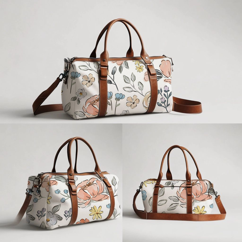 Subtle Blooms hospital bag featuring delicate blush, peach, cream, yellow and soft blue flowers with fine grey-green leaves on a clean white background, finished with brown handles and a matching shoulder strap | Subtiele Blomme hospitaaltas met delikate ligpienk, perske-, room-, geel en sagte blou blomme met fyn grysgroen blare op ’n skoon wit agtergrond, afgewerk met bruin handvatsels en ’n bypassende skouerband.