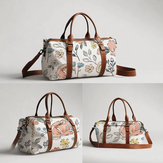 Subtle Blooms hospital bag featuring delicate blush, peach, cream, yellow and soft blue flowers with fine grey-green leaves on a clean white background, finished with brown handles and a matching shoulder strap | Subtiele Blomme hospitaaltas met delikate ligpienk, perske-, room-, geel en sagte blou blomme met fyn grysgroen blare op ’n skoon wit agtergrond, afgewerk met bruin handvatsels en ’n bypassende skouerband.