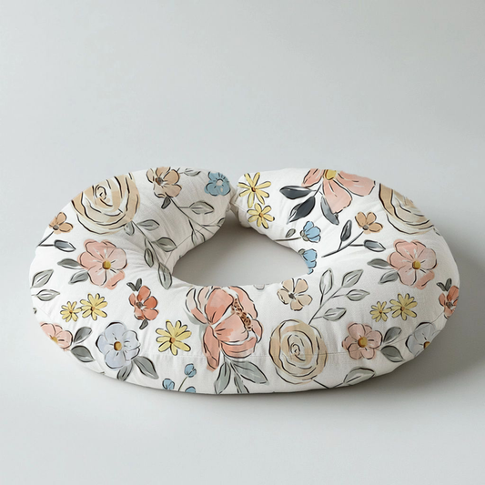 Subtle Blooms nursing pillow featuring delicate blush, peach, cream, yellow and soft blue flowers with fine grey-green leaves on a clean white background | Subtiele Blomme voedingskussing met delikate ligpienk, perske-, room-, geel en sagte blou blomme met fyn grysgroen blare op ’n skoon wit agtergrond.