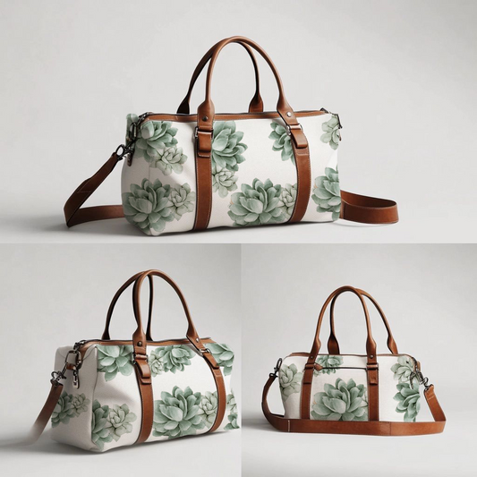 Succulents hospital bag featuring soft sage green succulent prints on a clean white background with brown handles and a matching shoulder strap | Vetplante hospitaaltas met sagte saliegroen vetplant-afdrukke op ’n skoon wit agtergrond met bruin handvatsels en ’n bypassende skouerband.