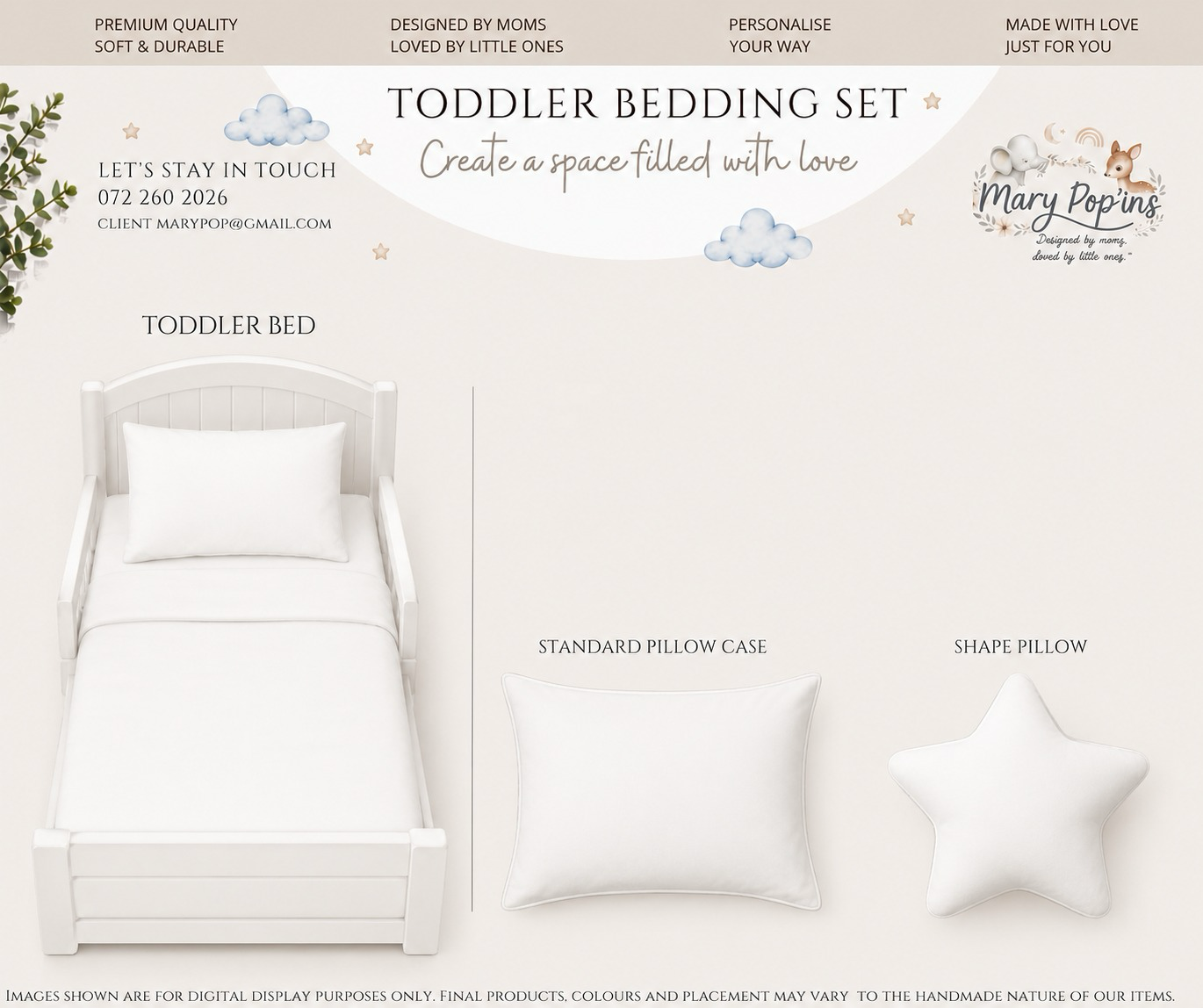 A promotional layout for a toddler bedding set showing a white toddler bed with white bedding, a standard white pillow case, and a white star-shaped pillow on a light beige background with product text and the Mary Popins brand logo.
