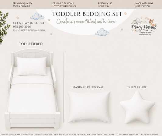 A promotional layout for a toddler bedding set showing a white toddler bed with white bedding, a standard white pillow case, and a white star-shaped pillow on a light beige background with product text and the Mary Popins brand logo.