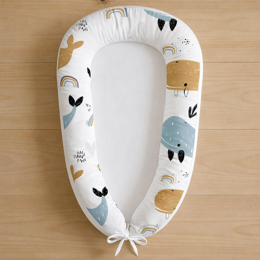 Soft white baby nest with blue and mustard whale illustrations and small rainbows, photographed flat lay on a light wooden surface