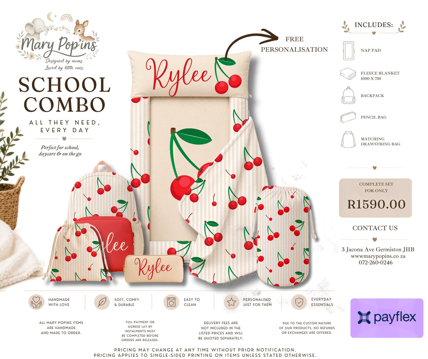 Mary Poppins school combo with cherry design and personalized name on a white background