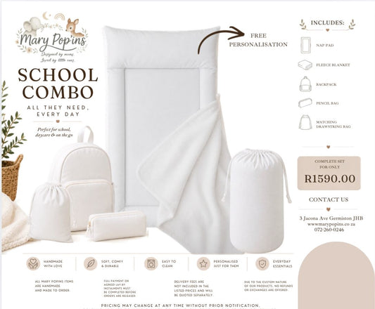 A promotional product graphic for the Mary Pepin's School Combo personal care set, showing a white cover, a white drawstring bag, and a white pouch on a white background, with text detailing included items and pricing.