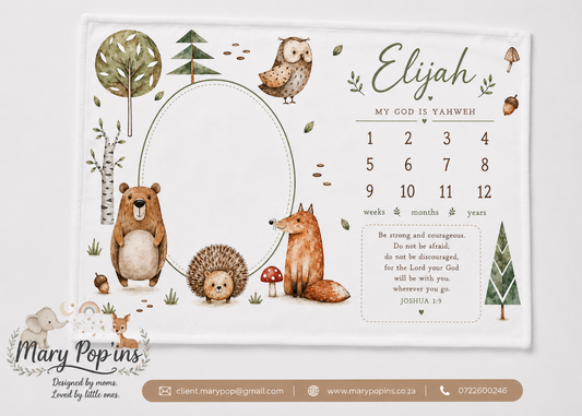 Mary Popins Milestone fleece blanket, Baby gift, baby shower, woodlands forest animals. Nursery themes